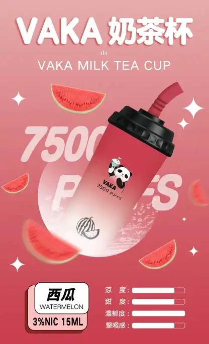 VAKA 奶茶杯 7500口 拋棄式電子煙｜具備 15ml 巨量裝與冰感水果奶茶系專屬口味，採用 3% 尼古丁鹽順滑擊喉感，搭配萌熊貓造型與 600mAh 可充電續航