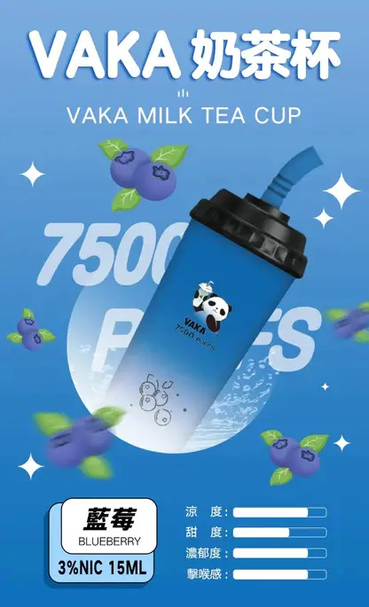 VAKA 奶茶杯 7500口 拋棄式電子煙｜具備 15ml 巨量裝與冰感水果奶茶系專屬口味，採用 3% 尼古丁鹽順滑擊喉感，搭配萌熊貓造型與 600mAh 可充電續航