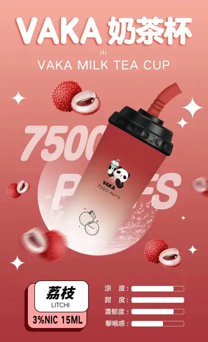 VAKA 奶茶杯 7500口 拋棄式電子煙｜具備 15ml 巨量裝與冰感水果奶茶系專屬口味，採用 3% 尼古丁鹽順滑擊喉感，搭配萌熊貓造型與 600mAh 可充電續航