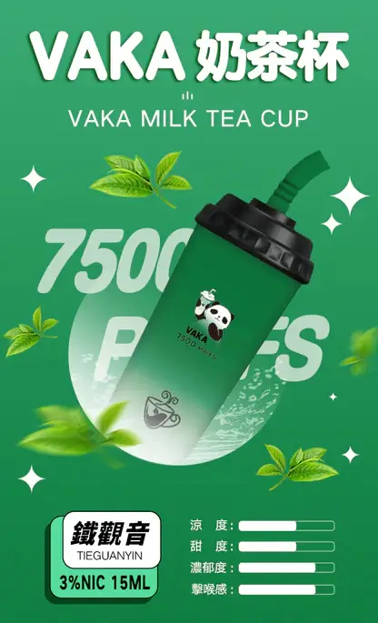 VAKA 奶茶杯 7500口 拋棄式電子煙｜具備 15ml 巨量裝與冰感水果奶茶系專屬口味，採用 3% 尼古丁鹽順滑擊喉感，搭配萌熊貓造型與 600mAh 可充電續航