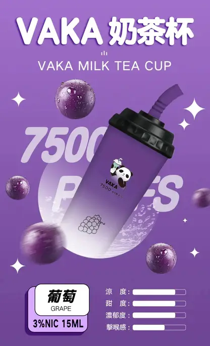 VAKA 奶茶杯 7500口 拋棄式電子煙｜具備 15ml 巨量裝與冰感水果奶茶系專屬口味，採用 3% 尼古丁鹽順滑擊喉感，搭配萌熊貓造型與 600mAh 可充電續航