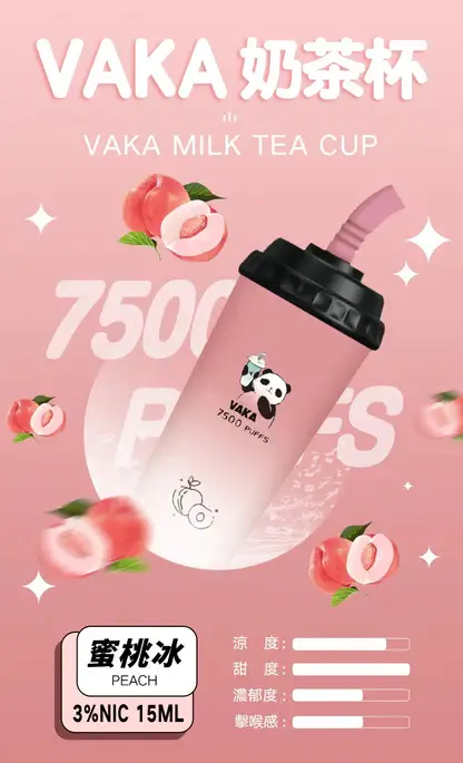 VAKA 奶茶杯 7500口 拋棄式電子煙｜具備 15ml 巨量裝與冰感水果奶茶系專屬口味，採用 3% 尼古丁鹽順滑擊喉感，搭配萌熊貓造型與 600mAh 可充電續航