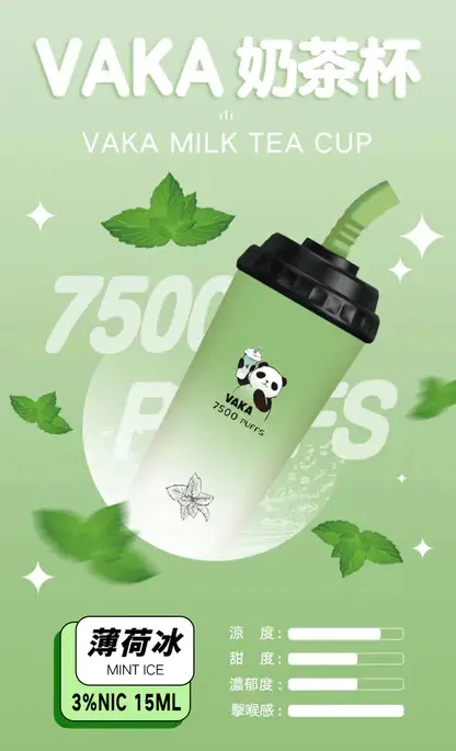 VAKA 奶茶杯 7500口 拋棄式電子煙｜具備 15ml 巨量裝與冰感水果奶茶系專屬口味，採用 3% 尼古丁鹽順滑擊喉感，搭配萌熊貓造型與 600mAh 可充電續航
