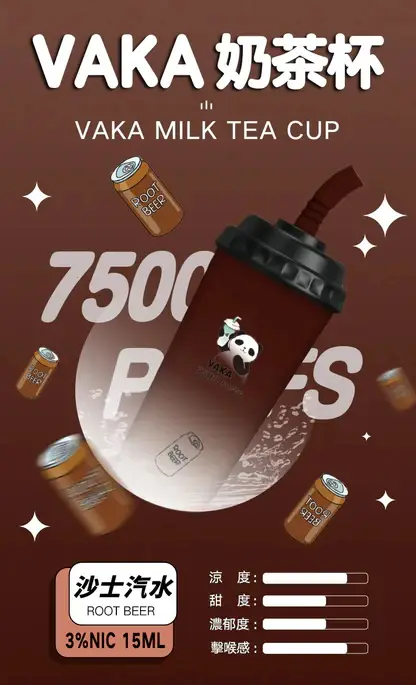 VAKA 奶茶杯 7500口 拋棄式電子煙｜具備 15ml 巨量裝與冰感水果奶茶系專屬口味，採用 3% 尼古丁鹽順滑擊喉感，搭配萌熊貓造型與 600mAh 可充電續航