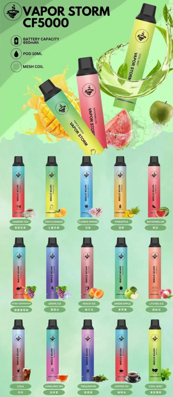 WP風暴.webp VAPOR STORM 風暴 5000口 拋棄式電子煙|具備 10ml 大容量與 Mesh 芯強勁霧化技術,採用金屬質感機身設計,搭配 650mAh 可充電長效續航