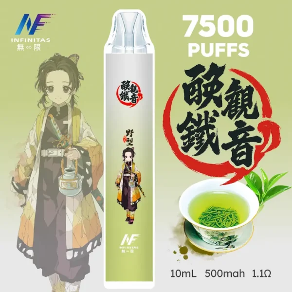 INF 無限 鬼滅之刃聯名 7500口 拋棄式電子煙｜具備鬼滅之刃聯名造型與 10ml 大容量煙油，採用 Mesh 網芯爆發口感，配置 550mAh 大容量電芯