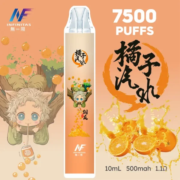 INF 無限 鬼滅之刃聯名 7500口 拋棄式電子煙｜具備鬼滅之刃聯名造型與 10ml 大容量煙油，採用 Mesh 網芯爆發口感，配置 550mAh 大容量電芯