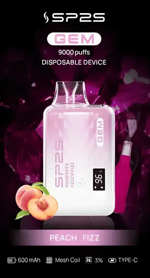 SP2S 思博瑞 GEM 9000口 拋棄式電子煙｜擁有 9000口巨量裝煙油續航天花板與 600mAh 大電量支援快充，結合透明水晶質感與智能顯示螢幕
