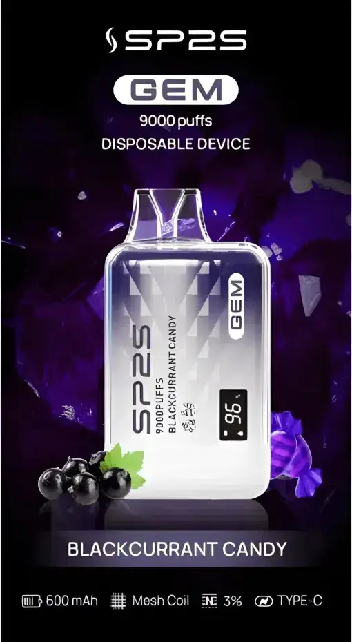 SP2S 思博瑞 GEM 9000口 拋棄式電子煙｜擁有 9000口巨量裝煙油續航天花板與 600mAh 大電量支援快充，結合透明水晶質感與智能顯示螢幕