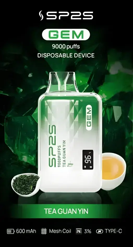 SP2S 思博瑞 GEM 9000口 拋棄式電子煙｜擁有 9000口巨量裝煙油續航天花板與 600mAh 大電量支援快充，結合透明水晶質感與智能顯示螢幕