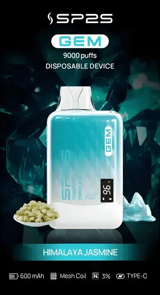 SP2S 思博瑞 GEM 9000口 拋棄式電子煙｜擁有 9000口巨量裝煙油續航天花板與 600mAh 大電量支援快充，結合透明水晶質感與智能顯示螢幕