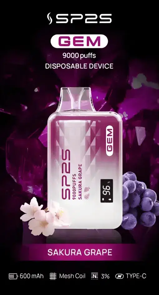 SP2S 思博瑞 GEM 9000口 拋棄式電子煙｜擁有 9000口巨量裝煙油續航天花板與 600mAh 大電量支援快充，結合透明水晶質感與智能顯示螢幕